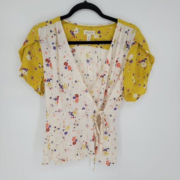 Meadow Rue womens 10 Anthro yellow white floral Bon Voyage wrap blouse boho - Picture 10 of 10